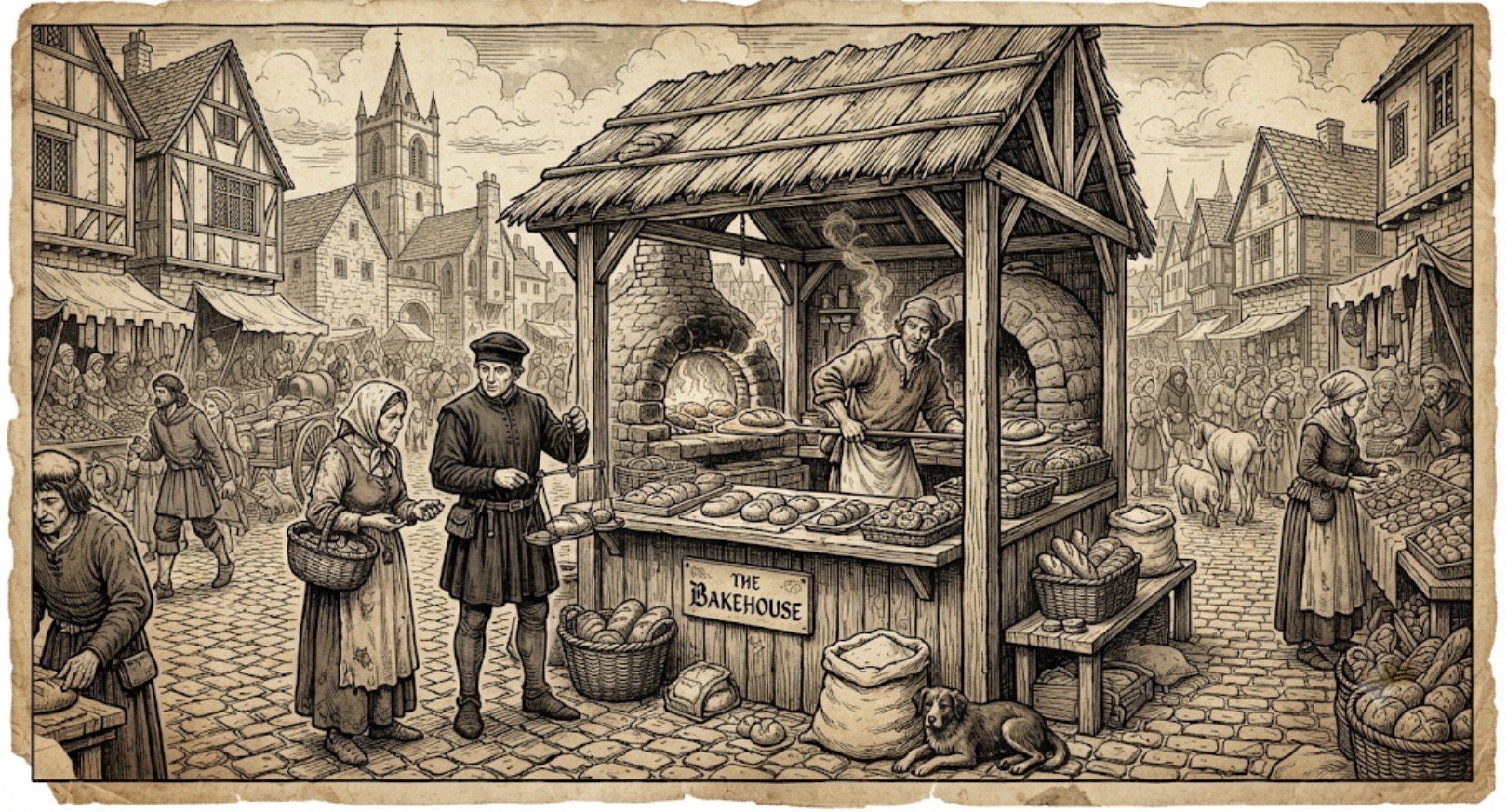 Medieval baker with traditional loaves and scales