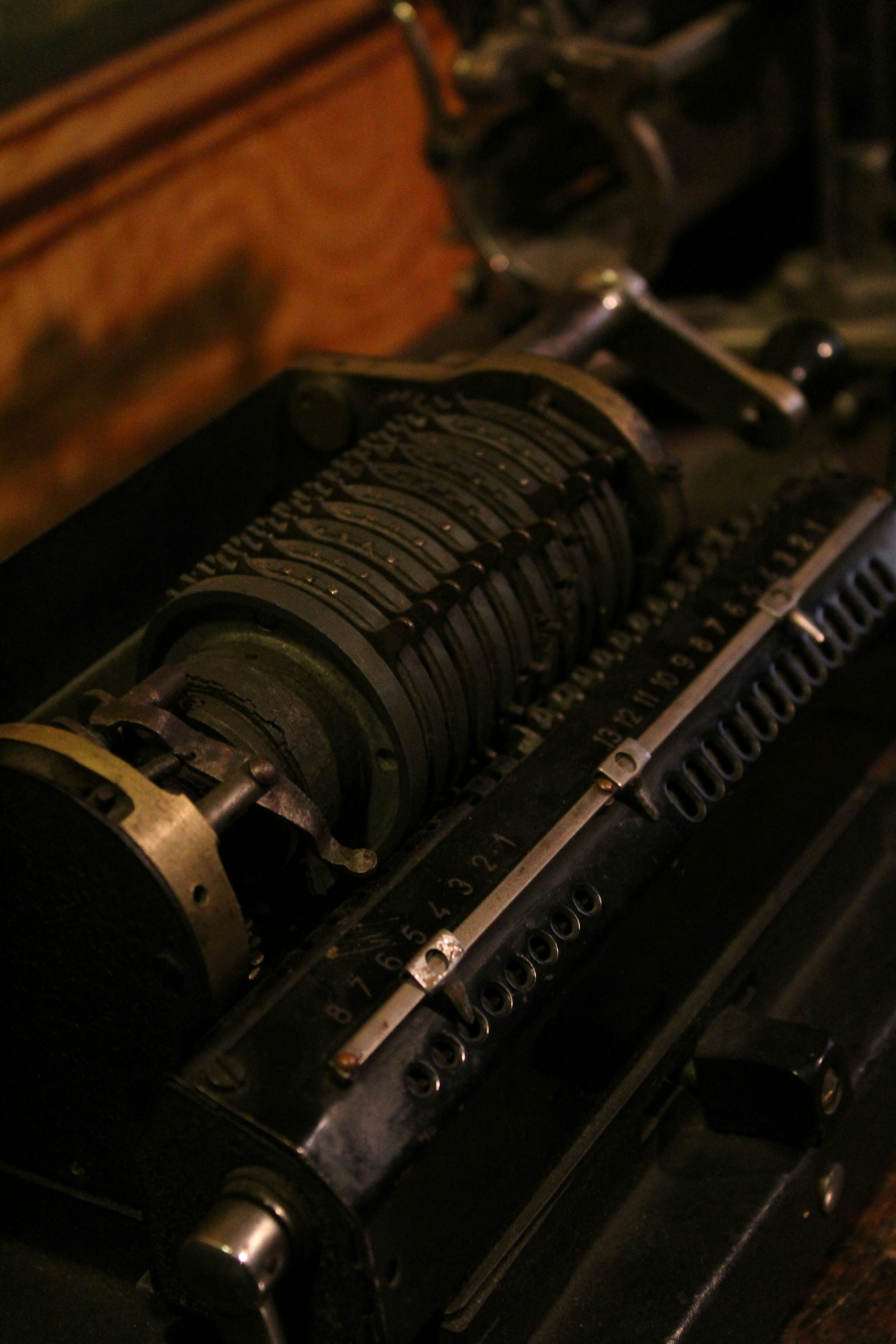 Close-up of vintage mechanical computing gears and wheels