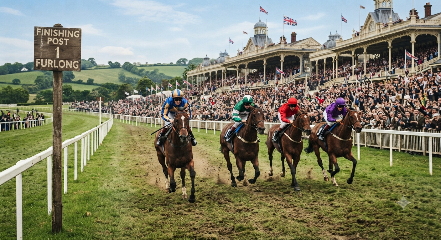 Thoroughbred horses racing on a green track