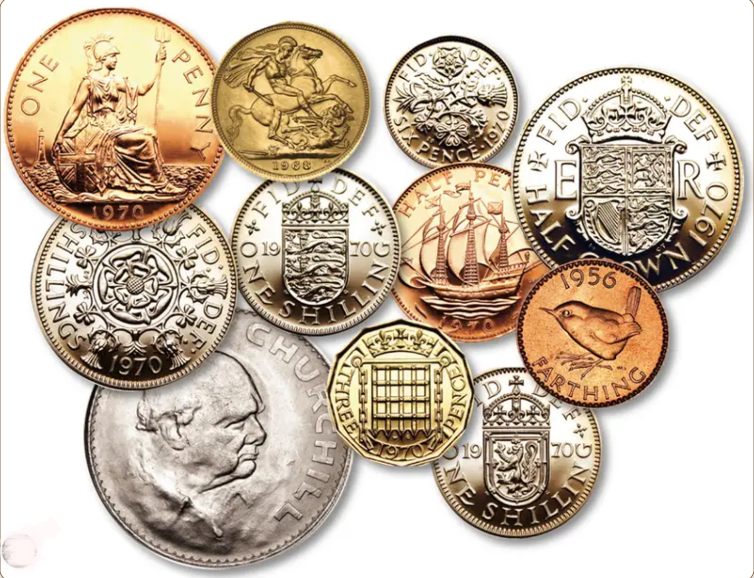 Comprehensive collection of British pre-decimal coins including One Penny, Sovereign, Six Pence, Half Crown, One Shilling, Threepence, and Farthing from various years