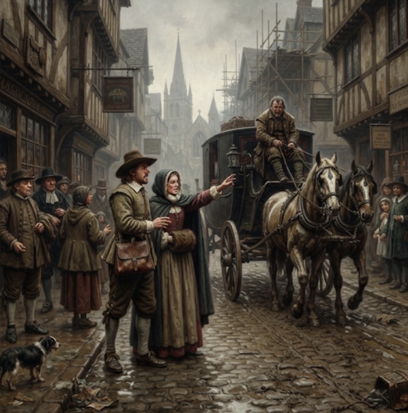 Historical illustration of a 17th-century London hackney carriage
