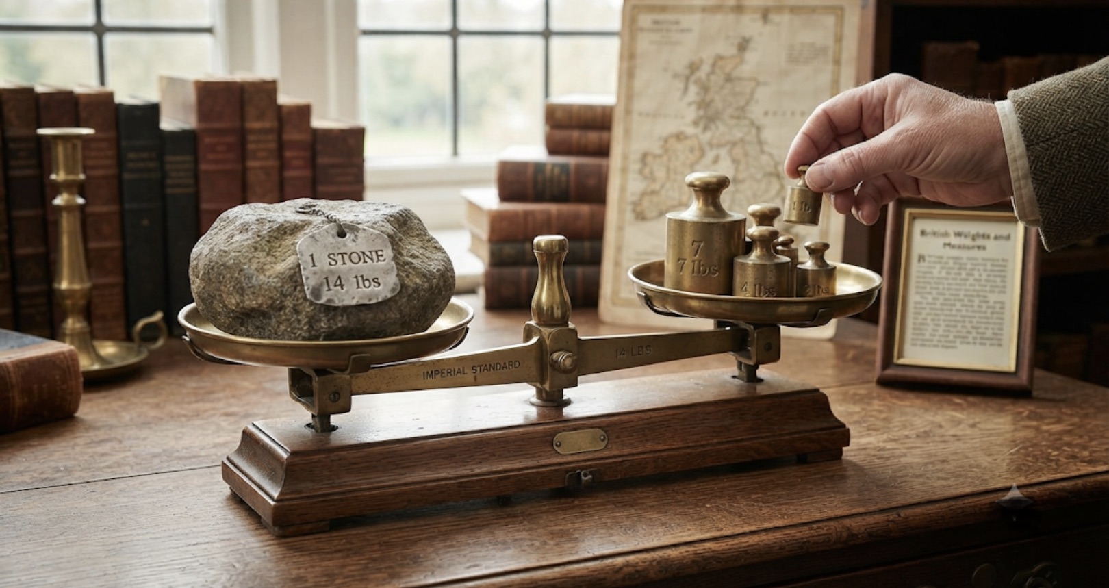 A set of antique brass balance scales with a heavy stone weight.