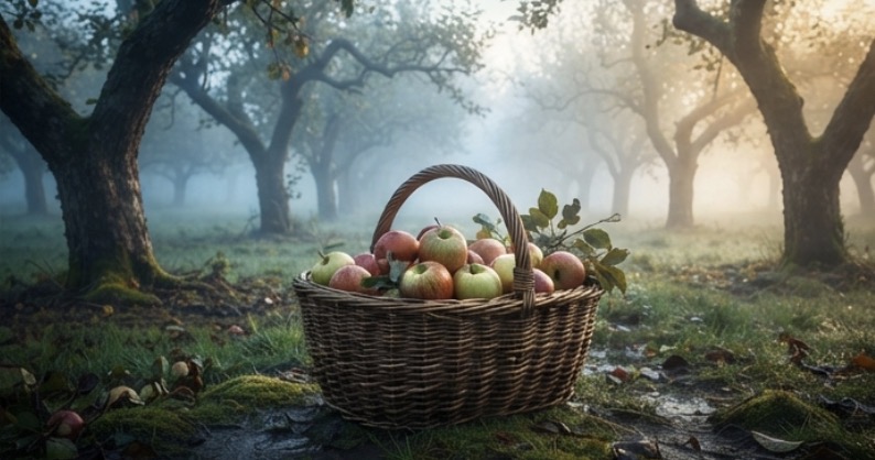 Hand-woven wicker basket filled with apples