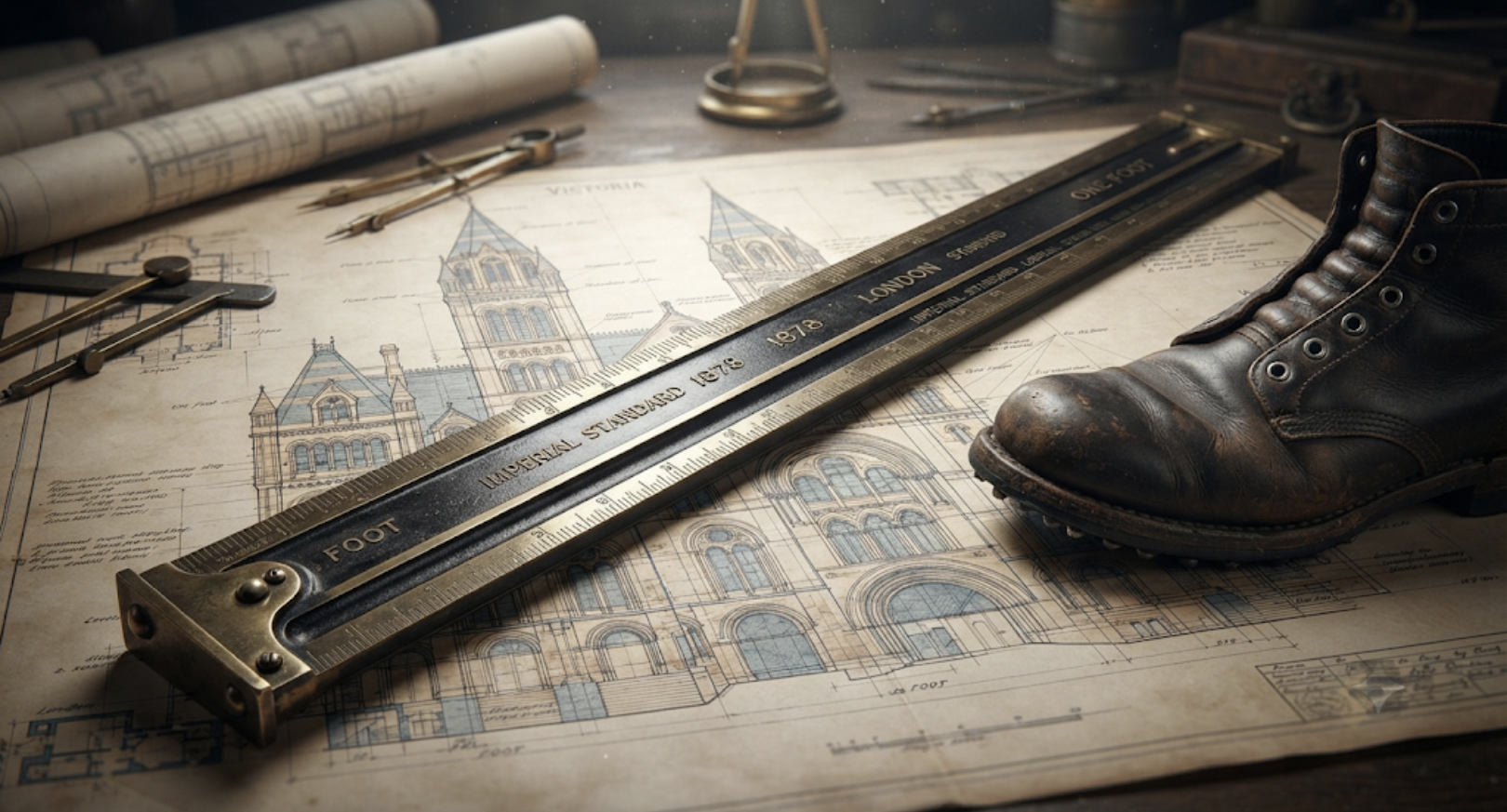 Antique measuring tools resting on architectural blueprints