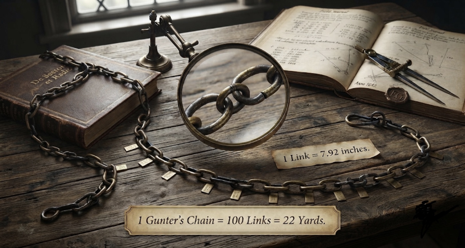Vintage surveying chain on a grassy cricket pitch