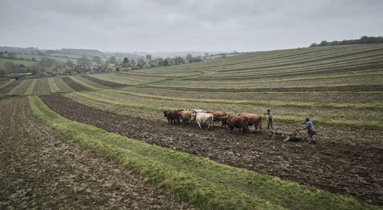 Oxen drawing a wooden plough through a medieval open field