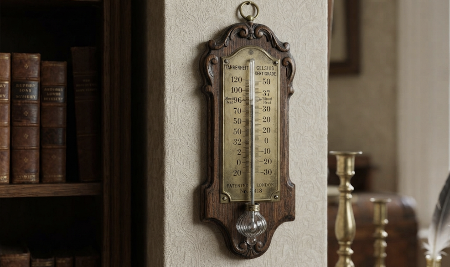 An antique glass thermometer displaying both Celsius and Fahrenheit scales.
